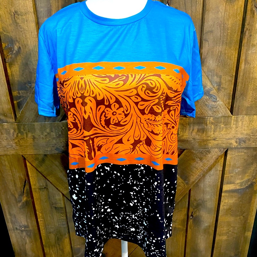 Electric Blue & Tooled Leather Print Splatter Paint Tee - Picture 2 of 13